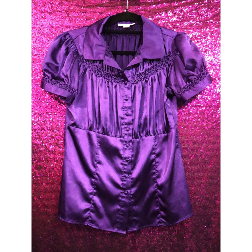 Purple Satin Blouse Medium Dressbarn Women Smocked Puff Sleeve Button Up